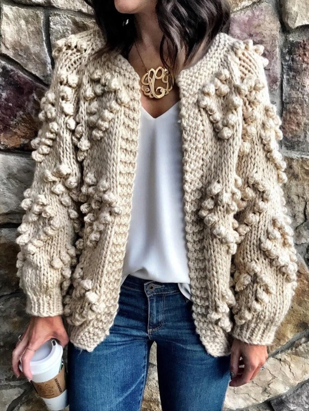 Chicwish Wool Blend Cream Bubble Bobble Chunky Open Cardigan Sweater